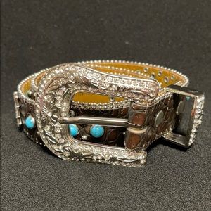 Rhinestone and Turquoise Leather Belt - XS / S